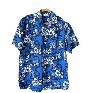 Vintage Banana Bay Bahamas Hawaiian Shirt Mens XL Blue Floral Beach Button Up